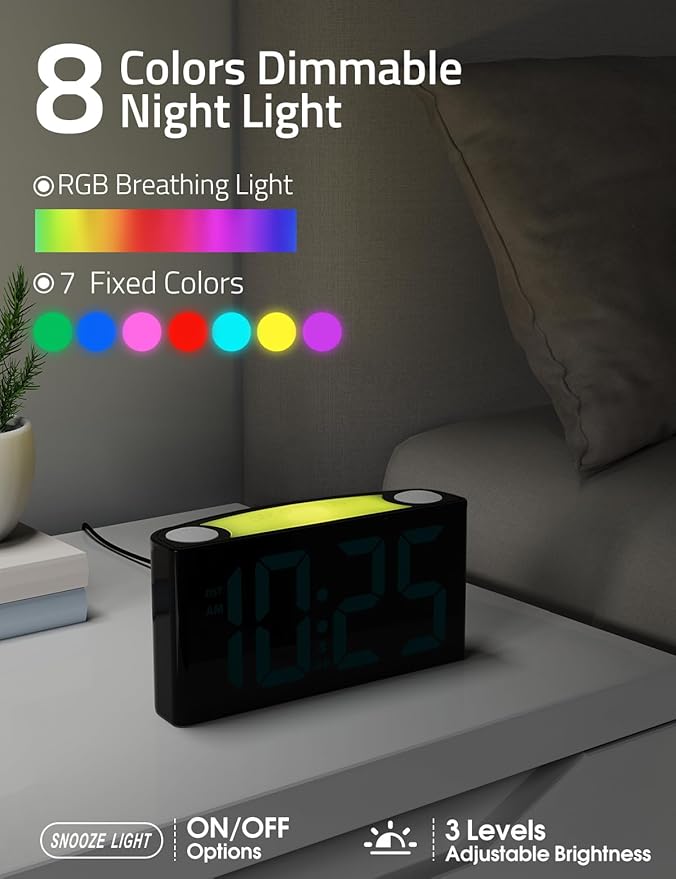 Mesqool Digital Alarm Clock for Bedrooms - Plug-in LED Clock with Dynamic RGB Digits, Dimmable Display & Night Light, 7 Color Options, Adjustable Alarm Volume, DST, 12/24 Hour - Ideal for Kids