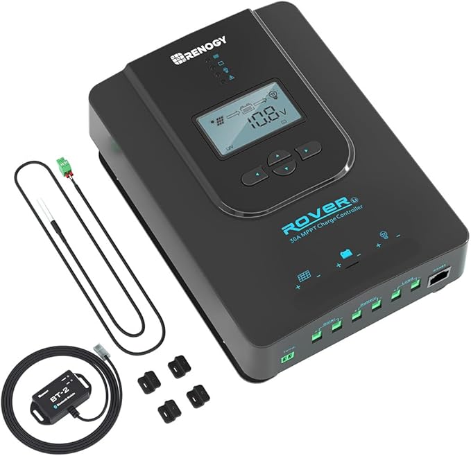 Renogy Solar Charge Controller (Bluetooth) -Rover 30A 12V24V Auto DC Input MPPT Charge Controllers for Solar Panels Adjustable LCD for Gel Sealed Flooded Lithium Batteries