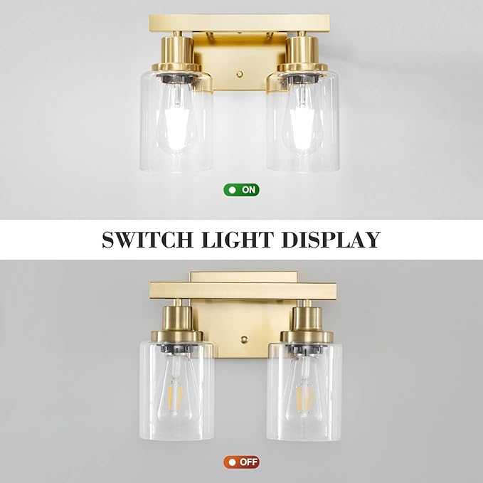 DIKAIDA 2-Light Brushed Gold Vanity Lights for Bathroom, Brushed Gold Bathroom Light Fixtures, Modern Vanity Lighting Over Mirror with Clear Glass Shade, Farmhouse Bath Wall Lamp for Mirror