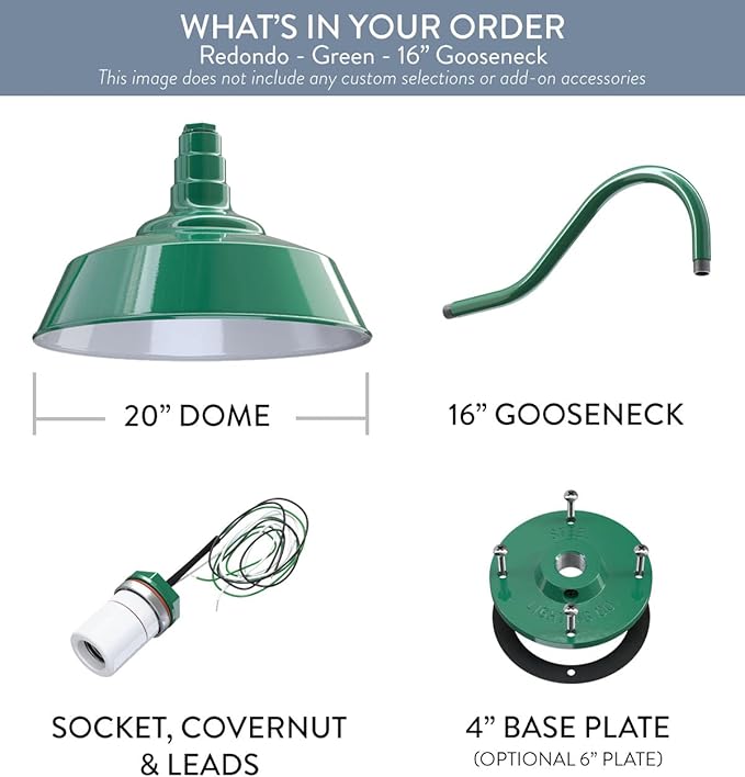 Steel Lighting Co. Large Outdoor Barn Light | Gooseneck Light Fixture | Made in America from 18-Gauge Steel | 20" Dome | 16" Gooseneck Green Exterior/White Interior