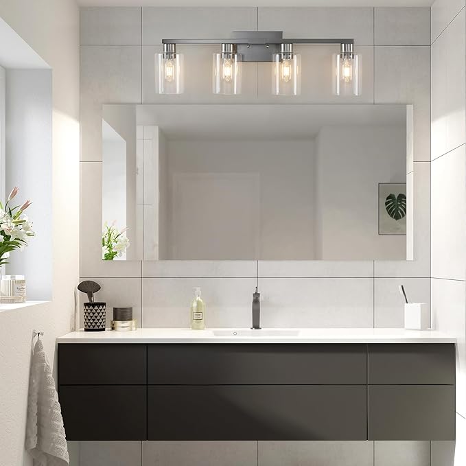 SOPEAS 4 Light Bathroom Light Fixtures, Brushed Nickel Modern Bathroom Vanity Light with Clear Glass Shade, Bathroom Lighting Fixtures Over Mirror, Vanity Lights for Bathroom Mirror