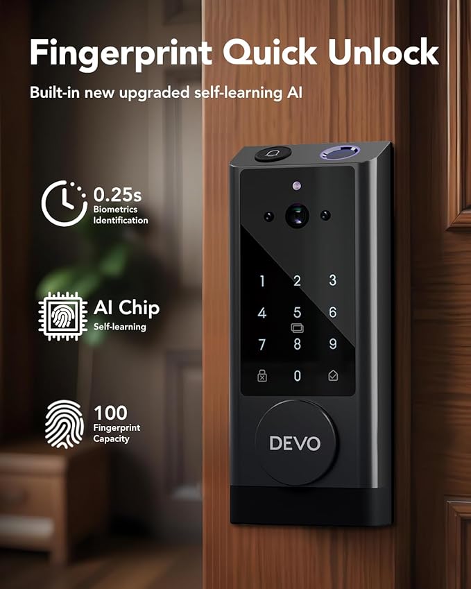 Devo G1 Video Smart Lock with Camera&Doorbell, 6-in-1 Keyless Entry Door Lock Deadbolt with Handle Set, App Remote, Fingerprint ID, Auto Locks, Built-in Wi-Fi Smart Deadbolt for Front Door