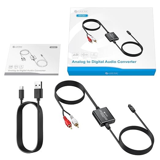 eSynic RCA to Optical Audio Converter-7ft Cable Long-Only from RCA to SPDIF Toslink-Not Bi-Directional-Easy to Setup-Aluminum Alloy Analog to Digital Audio Adapter for CD Player to Optical Soundbar