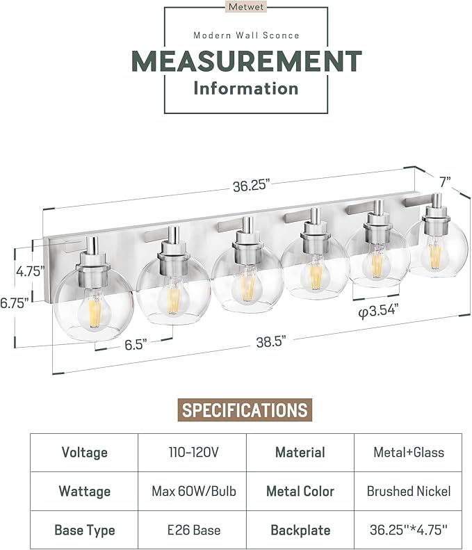 METWET Bathroom Light Fixtures, 6 Light Brushed Nickel Vanity Light, 38 Inch Modern Wall Sconces with Globe Clear Glass Shade, Vanity Lighting Fixtures Over Mirror, VL195-BN-6