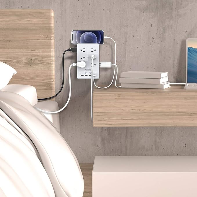 Multi Plug Outlet Surge Protector Nikleb, 12 Electrical Outlets Extender with 4 USB Charging Ports Total 4.8A, Wall Plug Expander 3 Prong for Room, Office, Gaming, Cord Organizer Accessories