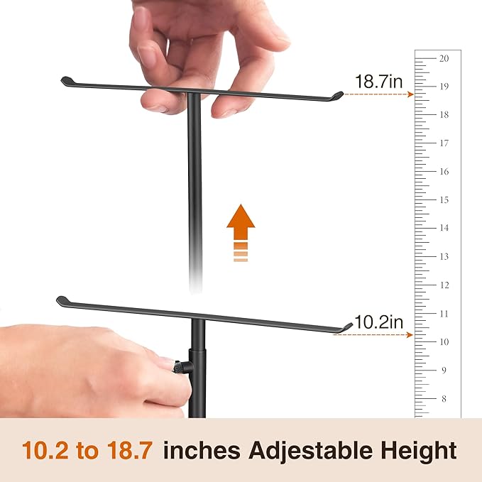 Josmimic Black Necklace Holder Jewelry Organizer Stand – Adjustable Height T‑Bar Jewelry Display with Dark Gray Marble Base, Necklace & Bracelet Holder, Countertop Jewelry Rack