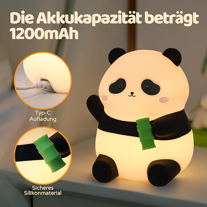 Rytinazzz Panda Night Light, 50-Hour Battery & Pat-to-Change Brightness, Squishy Silicone Lamp for Girls Kids Bedroom, USB Rechargeable with Timer, Valentines Gifts for Kids
