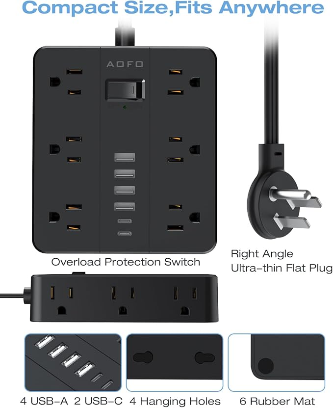 AOFO 15FT Surge Protector Power Strip,12 AC Outlets with 6 USB Ports (2 USB-C), Flat Plug Extension Cord with Multiple Outlets, Wall Mount for Home Office,Dorm, Black