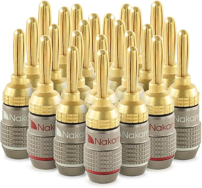 Nakamichi FanLock Excel Series 24k Gold Plated Banana Plugs 10 AWG - 18 AWG Gauge Size 4mm for Speakers Amplifier Hi-Fi Stereo Home Theatre Radio Audio Wire Cable Quick Connector, 24 Pcs (12-Pairs)