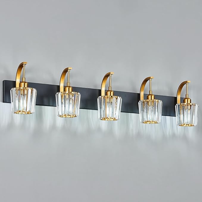 FDPBY Modern Bathroom Vanity Light, 5-Light Black Gold Wall Sconce with Crystal Accents, Over Mirror Bathroom Lighting Fixture, 42.52" Long Dimmable Vanity Lamp for Makeup, Easy Installation
