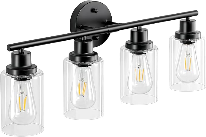 Guliaofo 4-Light Black Bathroom Light Fixtures, E26 Modern Vanity Lights for Bathroom with Clear Glass Shade, Wall Lamps for Mirror Hallway Kitchen Cabinet Living Room Sconces Lights