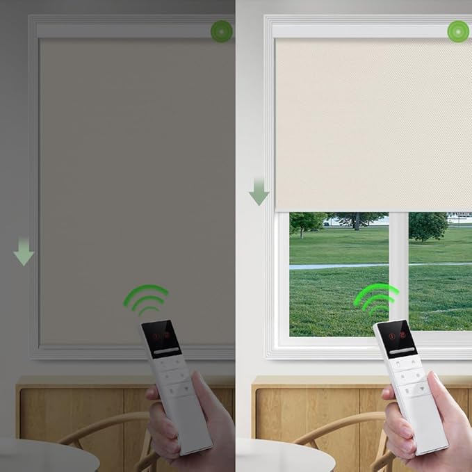 Zshine Motorized Blackout Window Blinds Customize Width (23-95 Inches) Remote Control Wireless and Rechargeable Roller Shades Blinds for Windows, Home, Office, Hotel, Club, Restaurant(82006D)