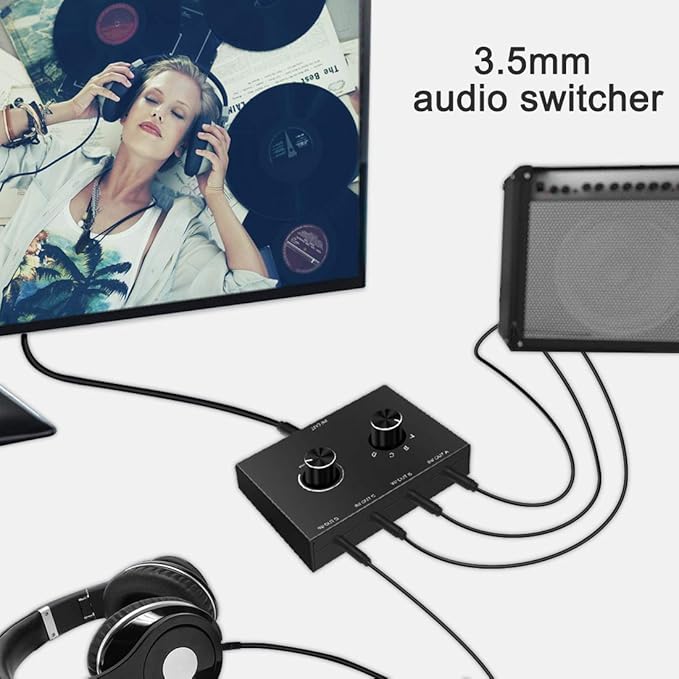 4-Way 3.5mm Stereo Audio Switcher - Passive Speaker Headphone Manual Selector Splitter Box (4 In - 1 Out)