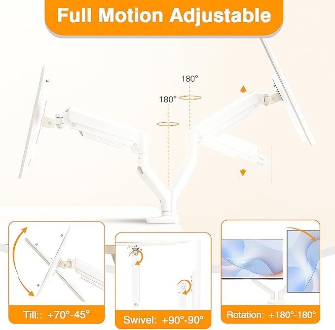 XEVKZO Dual Monitor Arms, Gas Spring Monitor Arms for 2 Monitors up to 34" Curved/Flat, 22lbs per Arm, VESA Mount 75x75 100x100mm, C-Clamp & Grommet Base, Adjustable Tilt/Swivel/Rotation White