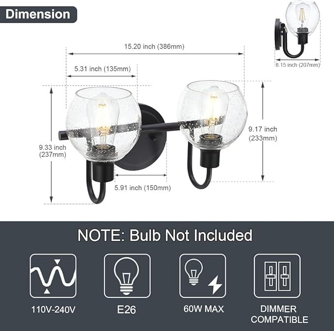 WINSHEN Black 2-Lights Wall Sconce Lighting with Seeded Glass Lampshades Industrial Bathroom Vanity Light Fixtures for Hallway Kitchen Bedroom