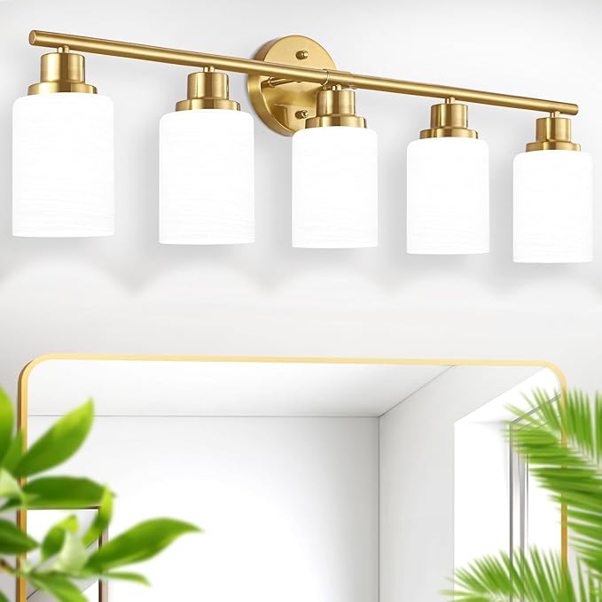 Guliaofo 5-Light Vanity Lights, Brushed Gold Bathroom Light Fixture with Striped Textured Milky White Glass Shade, E26 Modern Vanity Lighting Fixture for Bathroom Wall Sconce Light Over Mirror
