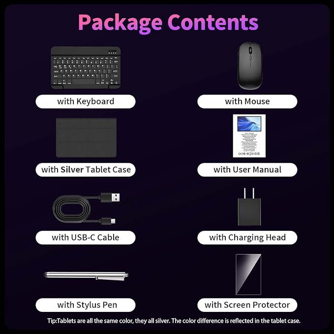 VisuPad 2026 Android 15 Tablet with Keyboard, 26GB+256GB+2TB Expand, 10 Inch 2 in 1 Tablet with Gemini AI, 8000mAh, 2.4G/5G WiFi, BT5.0, Widevine L1, Tablets Pc with Case, Mouse, Stylus (Silver Case)