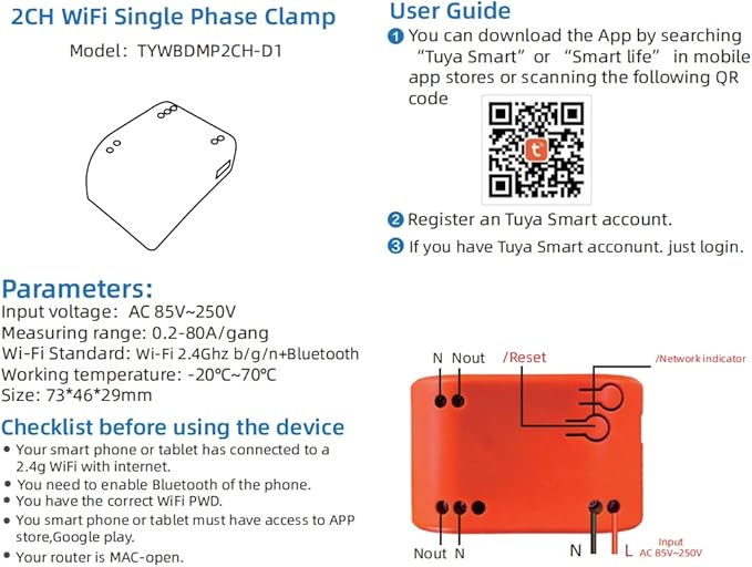 WiFi Smart Power Meter with 2pcs 80A Current Transformer Clamp,Tuya app 2-Way Bilateral Monitor Real Time KWh Eenrgy Electricity Voltage Statistics.