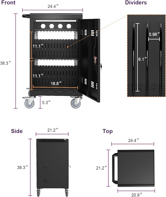 OFLILAK 36-Device Mobile Charging Cart with Charging Power Strip and Front and Rear Access Locks, Cable Management, Up to 17"", Safe Charging Cabinet for Ipads, Chromebooks, Tablets, Laptops Black