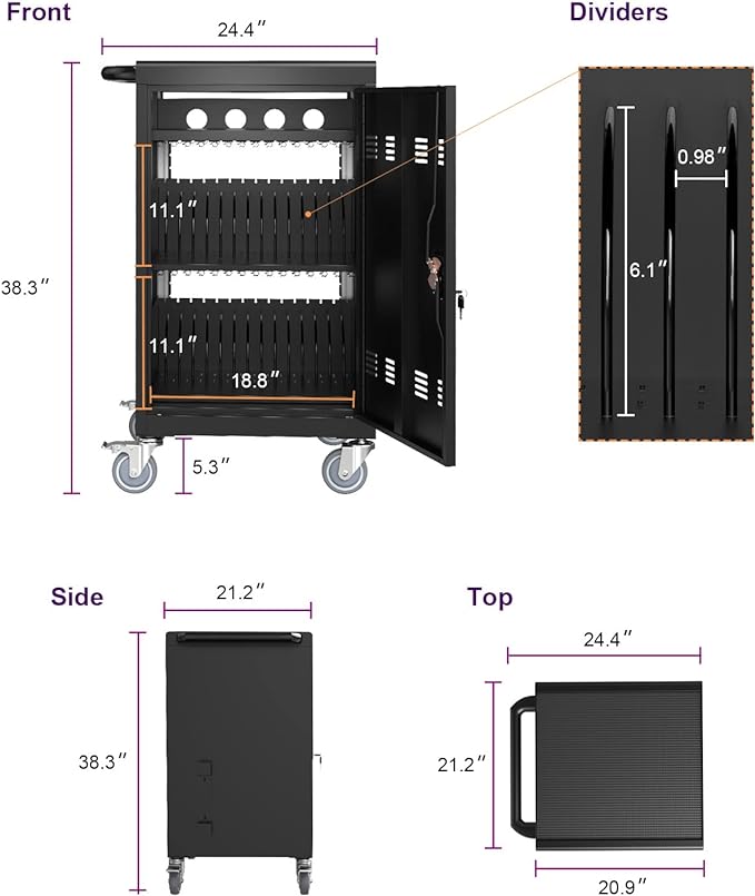 OFLILAK 30-Device Mobile Charging Cart with Charging Power Strip and Front and Rear Access Locks, Cable Management, Up to 17"", Safe Charging Cabinet for Ipads, Chromebooks, Tablets, Laptops Black