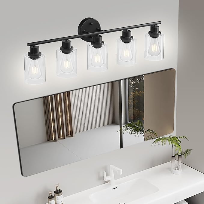 Guliaofo 5-Light Black Bathroom Vanity Lights, E26 Modern Bathroom Light Fixtures with Clear Glass Shade, Mirror Kitchen Hallway Cabinet Living Room Sconces Wall Lights