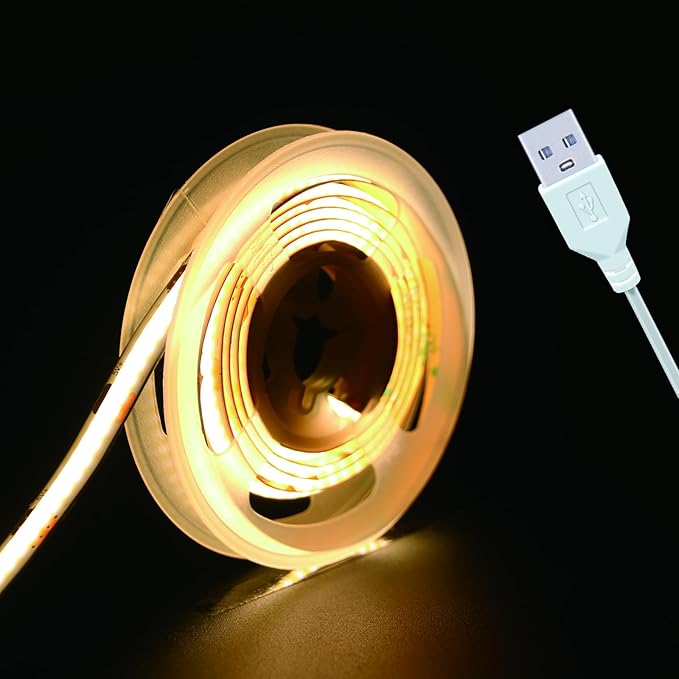 UVTaoYuan Short Led Strip Lights 5V USB LEDs Display Cabinet Lighting COB LED Strip Light 3000K Warm White Not Dimmable Flexible Small led Lights for DIY Home LED TV Lights Indoor Use (3.28FT/1M)