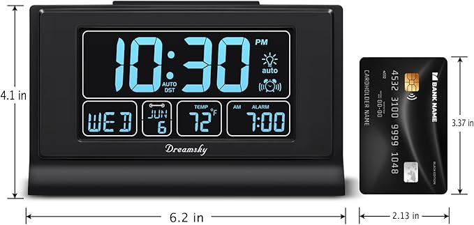 DreamSky Alarm Clocks for Bedrooms with Battery Backup, Auto Set Digital Clock with Date and Day of Week, Temperature, USB Port, Auto DST, Dimmer, 12/24H