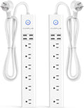 2 Pack Power Strip Surge Protector Flat Plug - 6 Widely Spaced Outlets 4 USB Charging Ports, 2100J/10A with 6Ft Long Extension Cord, Overload Surge Protection, Wall Mount for Home Office