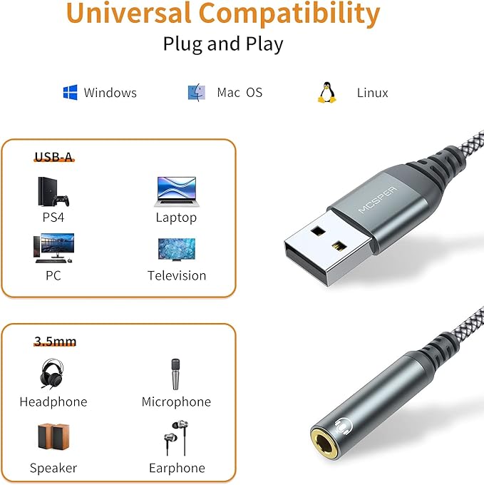 USB to 3.5mm Audio Jack Adapter, External Sound Card Converter Compatible with Headset, PC, Laptop, Mac, Desktops, Linux, PS4 and More Devices (Grey)