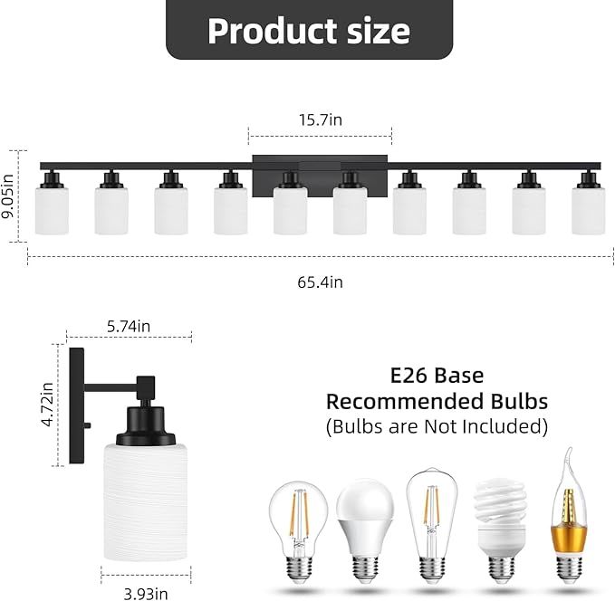DIKAIDA 10 Light Bathroom Vanity Lights Over Mirror, 65.4 inch Black Vanity Lights Fixtures with White Glass Shades Matte Black Modern Vanity Lights Black Bathroom Wall Lighting for Mirror Bedroom