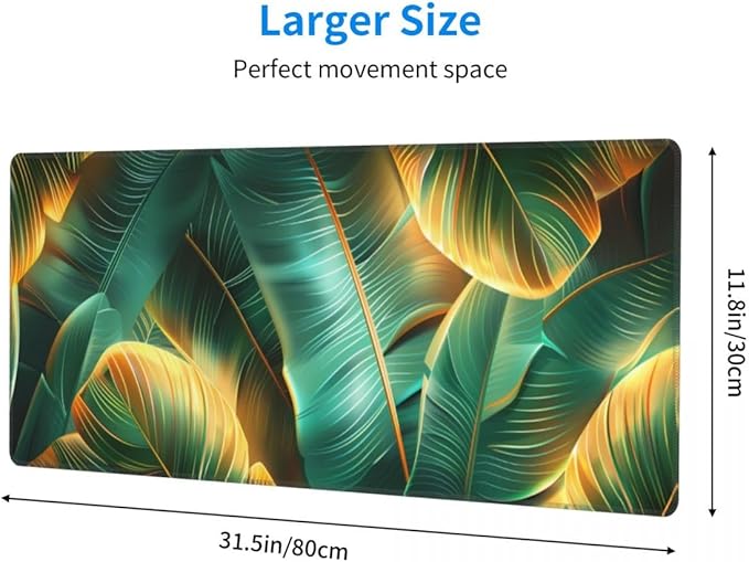 CANFLASHION Desk Pad,Office Desk Mat 31.5"×11.8" Large Gaming Mouse Pad,Durable Extended Computer Mouse Pad,Waterproof Thick Big Mouse Pads with Non-Slip Rubber Base Office Home Gold Green Palm Leaves