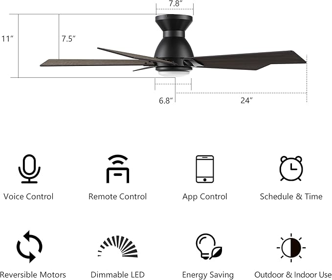 SMAAIR 48 Inch Smart Ceiling Fan with Light and Remote, Flush Mount Modern Ceiling Fan with lights,Compatible with Alexa/Google Assistant/Siri,Timer and Schedule,10 Speed DC Motor, Wooden/Walnut