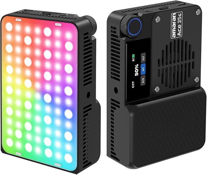Amaran Ace 25c Pocket RGBWW LED Light, Boost Mode Up to 32W, Full-Color Mini Video Light (2,300-10,000K), 1,171 Lux@1m at 5,600K, 4500mAh Battery with PD Fast Charging for Mobile Creators (Charcoal)