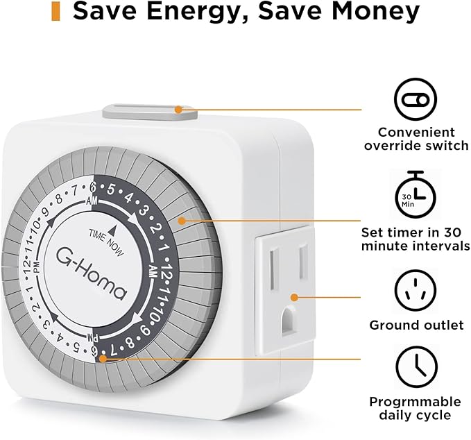 G-Homa Timers for Electrical Outlets, 24 Hour Indoor Plug-in Mechanical Timer Mini, 30 Minute Intervals, 3-Prong, Daily On/Off Cycle, for Lights, Lamps (2-Pack,ETL Listed) White