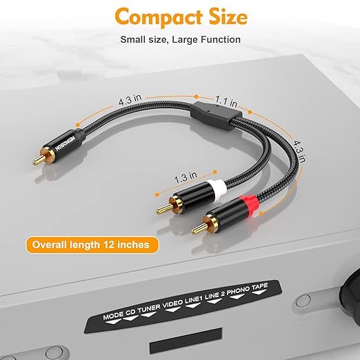 HOSONGIN RCA Y Splitter Cable, 1 Male to 2 Male Audio Cables (2 Pack), 12 Inch, 24K Gold-Plated, Cotton Braided, Shielded Subwoofer Cable for Amplifiers, TV, Home Theater, Hi-Fi Systems