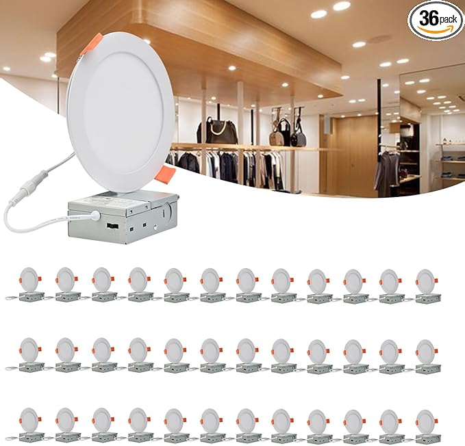 MKUJOO 36 Pack 4 Inch Ultra-Thin LED Recessed Ceiling Light with Junction Box,Panel Light,Daylight, 9.5W,2700K/3000K/3500K/4000K/5000K Selectable Dimmable Downlight ETL&FCC&CE Energy Star Certified