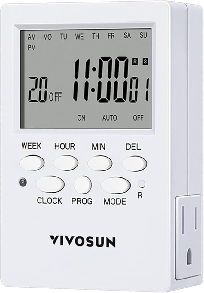 VIVOSUN Digital Timer Outlet 7 Day Programmable Digital Outlet Timer with 2 Independent Outlets 3 Prong, 20 on/Off Programs Groups, Countdown Setting, Indoor for Light Lamp, Fan（1Pack）