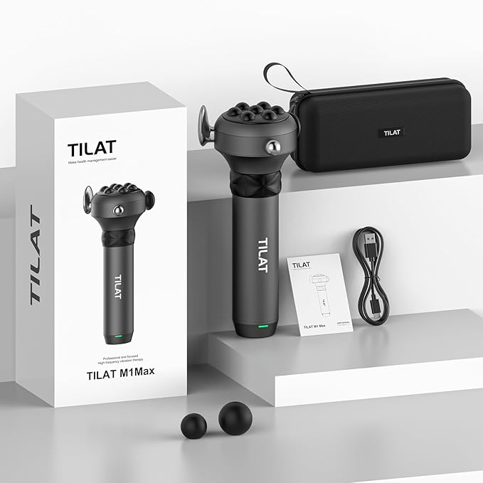 TILAT M1 Max Deep Tissue Vibration Therapy Massage Gun – 6500 RPM Handheld Muscle Massager with Thumb Head for Trigger Point & Full Body Pain Relief, Handheld Chiropractic Massager for Back, Neck