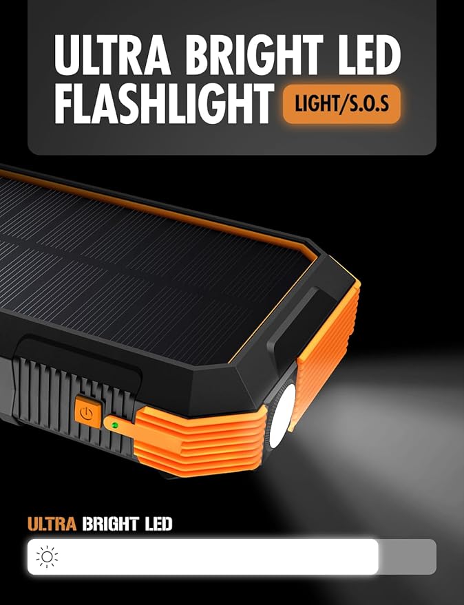 ToughTested Solar Power Bank 24000mAh, Fast Charging Portable Charger External Battery Pack with LED Flashlight, IP67 Waterproof Dustproof Shockproof for Camping, Travel & Emergency Use