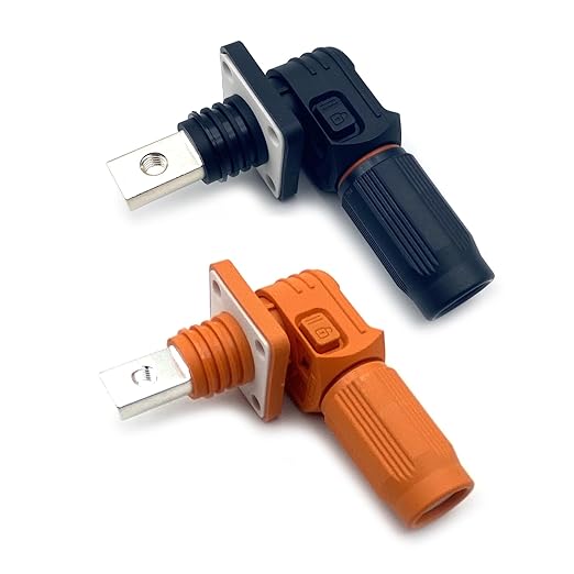 70A Battery Energy Storage Connector, 10mm² High Current Connectors IP67 Waterproof Copper Brand Thread Wiring Power Adapter Quick Plug Terminal Right Angle Plug and Socket (1000V Black+Orange)