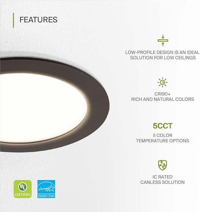 ASD 1 Pack LED Recessed Lighting 6 Inch 15W, 5 CCT 2700K-5000K CRI90+, IC Rated Ultra Thin Dimmable Ceiling Lights with J Box, Canless Wafer Downlight, Round Slim Panel Light, UL Energy Star, Bronze