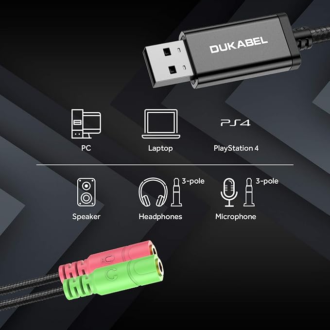 DuKabel USB to 3.5mm Jack TRS AUX Adapter for Built-in Chip Sound Card for Headset with Separate Plug TRS 3 Pole Microphones [Metal Housing & Durable Braided / 9.8inch]