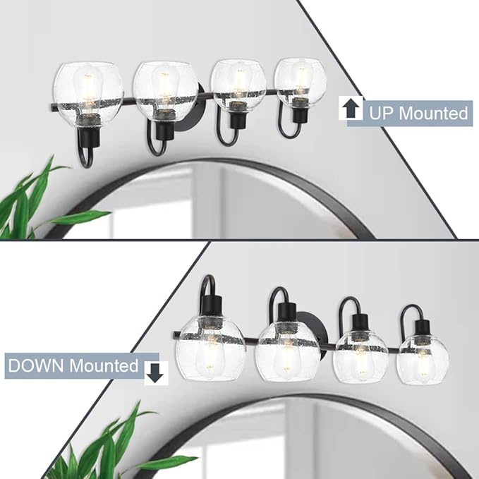 WINSHEN 4-Lights Contemporary Bathroom Light Fixtures Over Mirror with Seeded Globe Glass Shades, Black Rustic Vanity Wall Lighting for Bedroom Dressing Cabinet