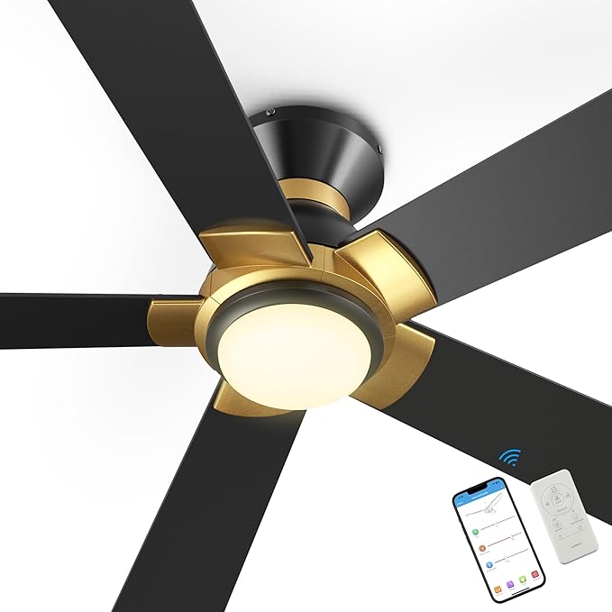 SMAAIR 52 Inch Smart Ceiling Fan with Light and Remote, Flush Mount Modern Ceiling Fan with lights,Compatible with Alexa/Google Assistant/Siri,Timer and Schedule,10 Speed DC Motor,Black/Gold