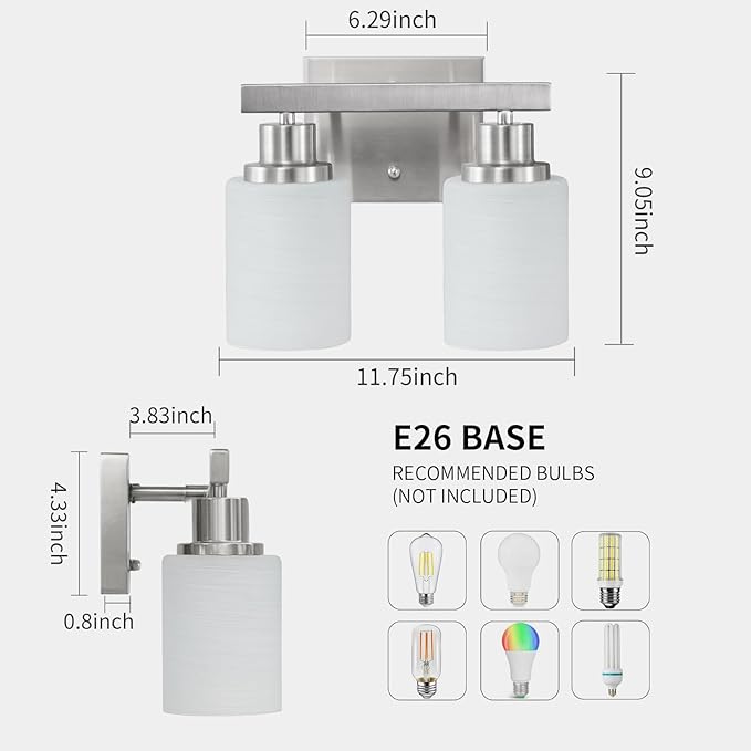 DIKAIDA Bathroom Light Fixtures Over Mirror, 2-Light Modern Nickel Vanity Lights with White Glass Shade, Bathroom Wall Lamp Sconces for Mirror Bedroom, Living Room Hallway Small Space
