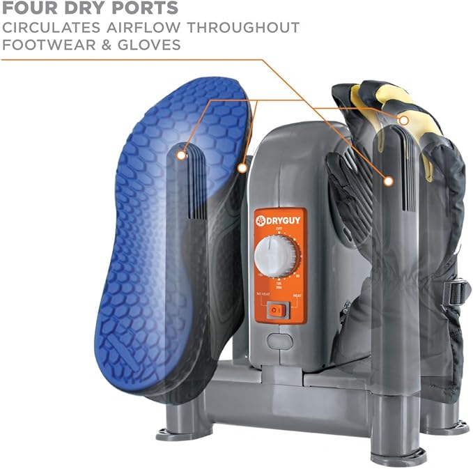 DryGuy Shoe, Boot, Garment & Gear Electric Dryer, Quick Drying for Ski, Work, Sports Equipment – Energy Efficient, Odor Eliminating Design, Home or Garage Use,4 Port, Heat + Fan (Dry time: 1-3hrs)