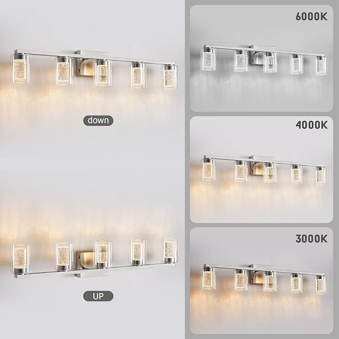 SADENICEL 5 Light Bathroom Light Fixtures, Brushed Nickel Vanity Lights Crystal Dimmable LED White/Neutral/Warm Bathroom Lights Over Mirror for Bathroom, Bedroom,Living Room (5 Light)