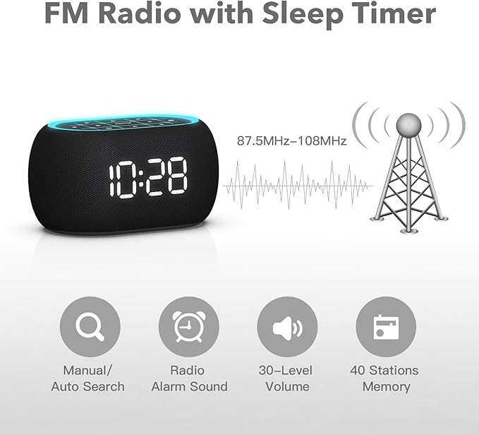 ANJANK Alarm Clock FM Radio with Bluetooth Speaker, Hi-Fi Stereo Sound, 7 Clolors Night Light, 0-100% Dimmer,8 Wake Up Sounds,16-Level Volume, Small Digital Clock with Sleep Timer for Bedroom Bedside