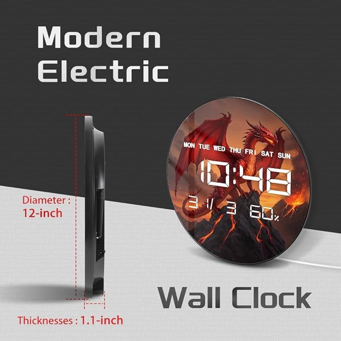 Timethink 12'' Red Fire Dragon Digital Wall Clock LED Display, Fantasy Medieval Gothic Decor Electric Wall Clock with Temperature, 12/24hr, Date, Auto-Brightness, USB Powered for Bedroom Living Room