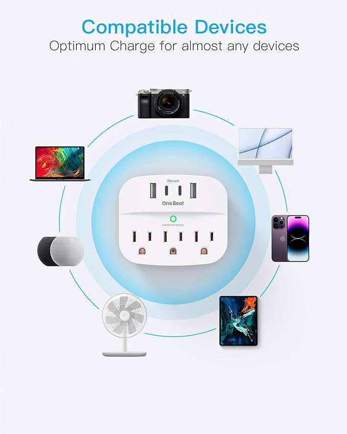 One Beat 2 Pack Multi Plug Outlet Splitter with USB,Surge Protector Outlet Extender with 3 Wall Outlets 4 USB Wall Charger(2 USB C),490 J, ETL Listed,Small Outlet Adapter Plug Extender for Travel,WH
